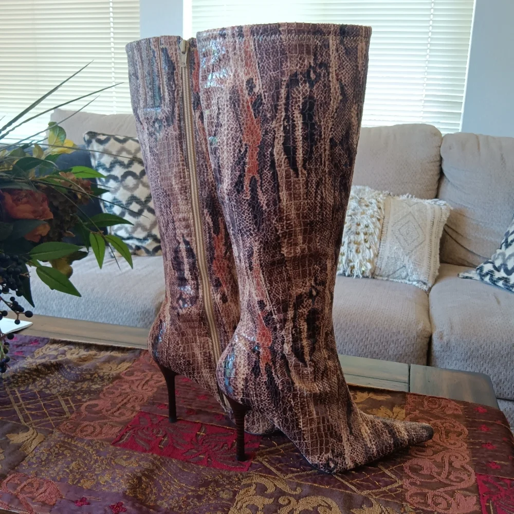 CLEARANCE SALE!! Orange and Brown Heeled Boots with Artistic Flair - Picture 2 of 12